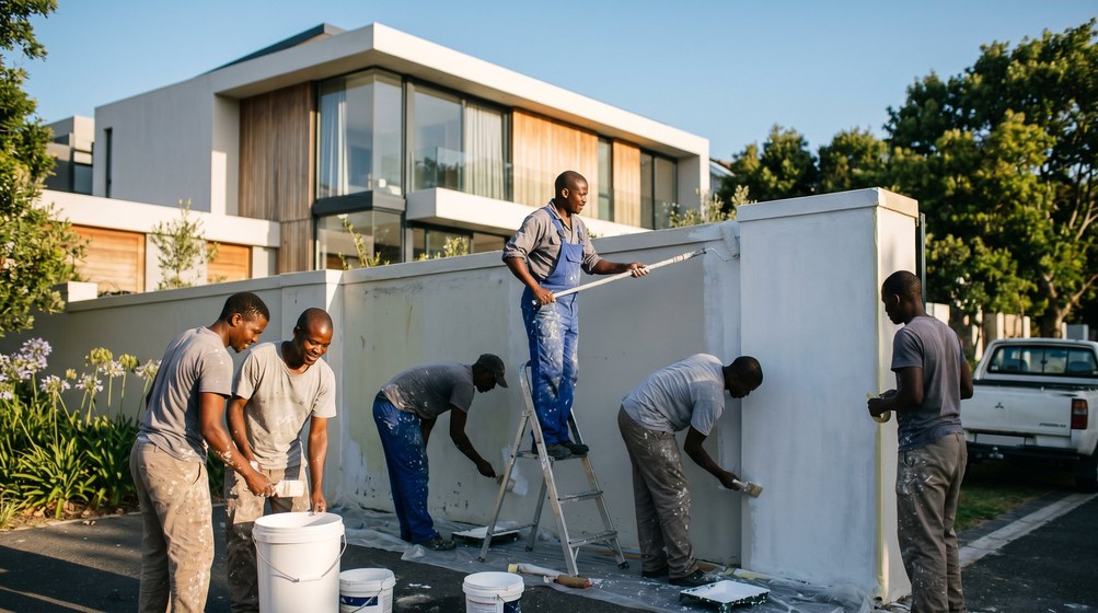 Professional team painting a boundary wall at a modern home in Goodwood