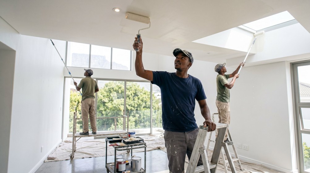 Professional ceiling painters rolling white paint onto a high ceiling in Goodwood