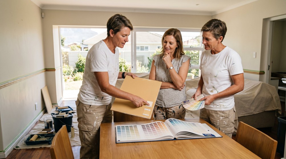 Professional colour consultant showing paint swatches to a homeowner in Goodwood