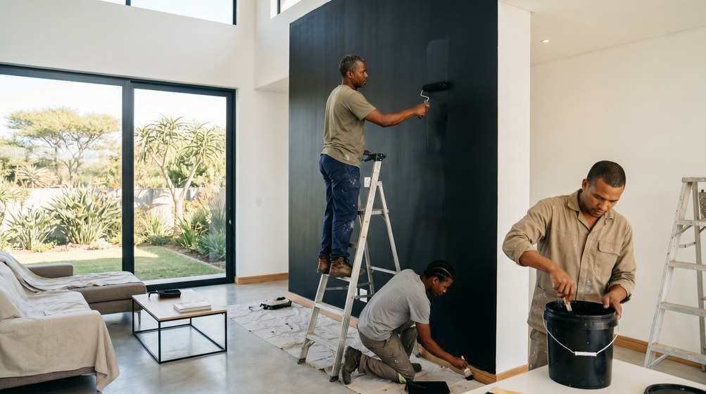 Professional painters creating a bold black feature wall in a modern Goodwood home