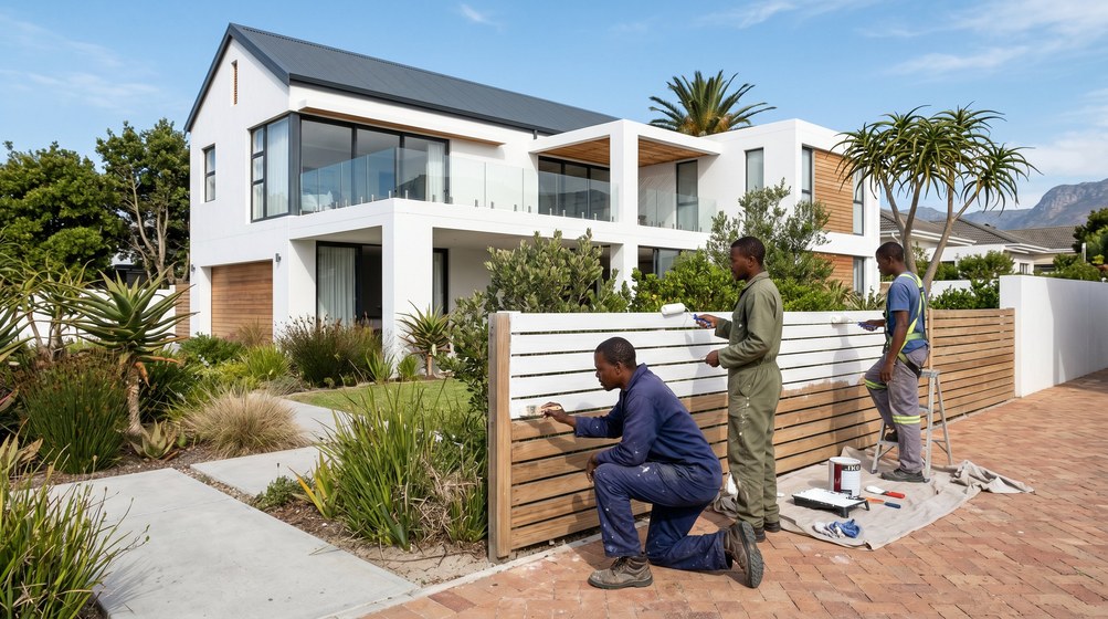 Professional fence painters painting a wooden fence at a coastal home in Goodwood