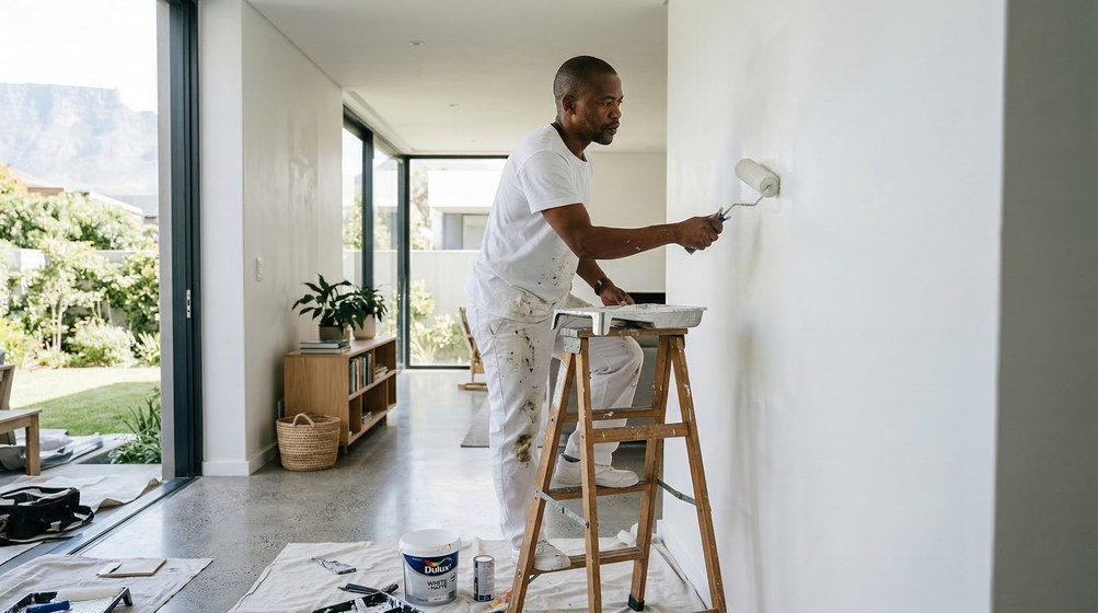 Professional interior painter in Goodwood painting walls with a roller