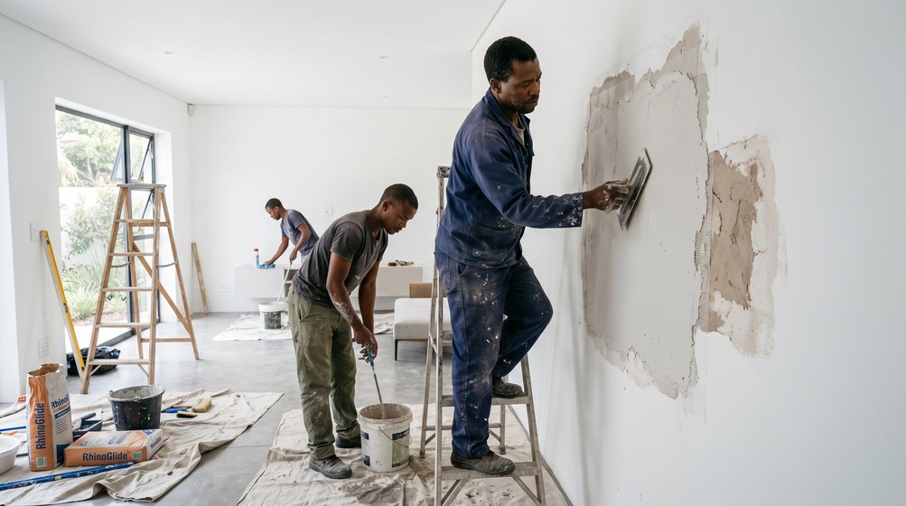 Professional plaster repair team skim coating damaged walls in Goodwood