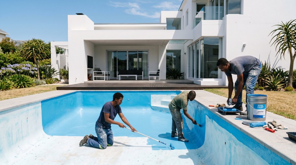 Professional pool painters applying blue pool paint to a swimming pool in Goodwood
