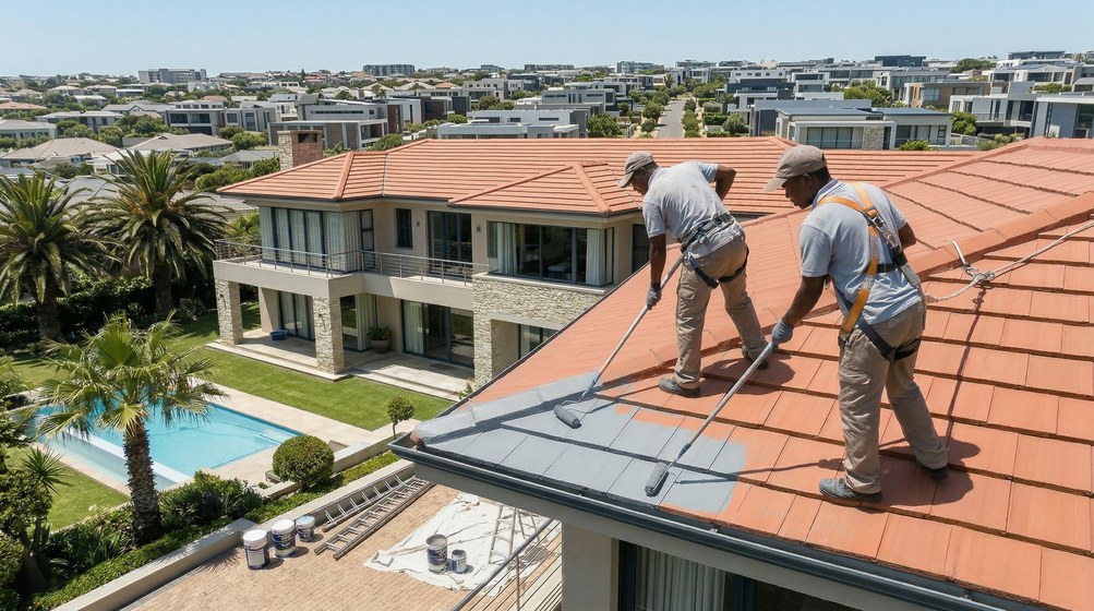 Professional roof painters applying waterproof coating to tiled roof in Goodwood