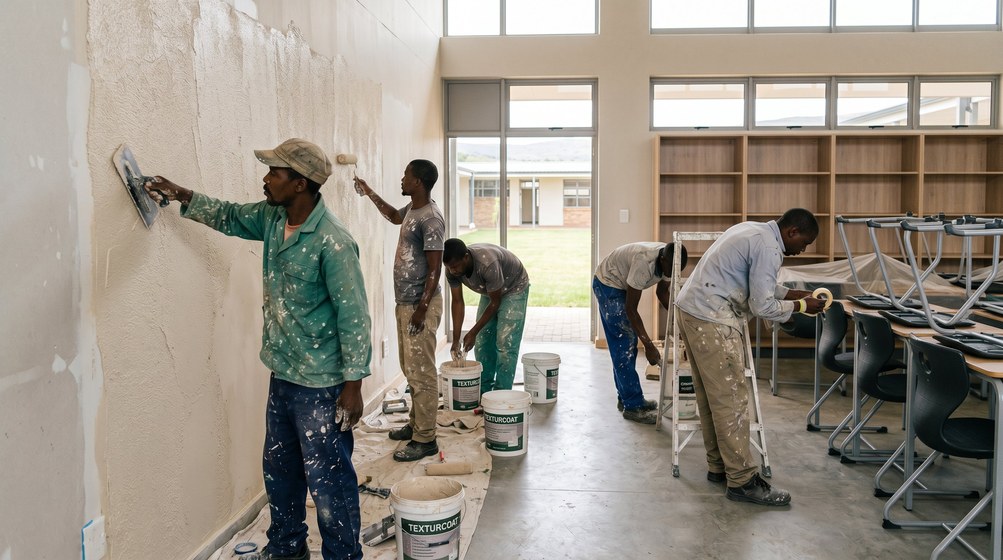 Professional texture coating team applying Texturcoat to interior walls in Goodwood