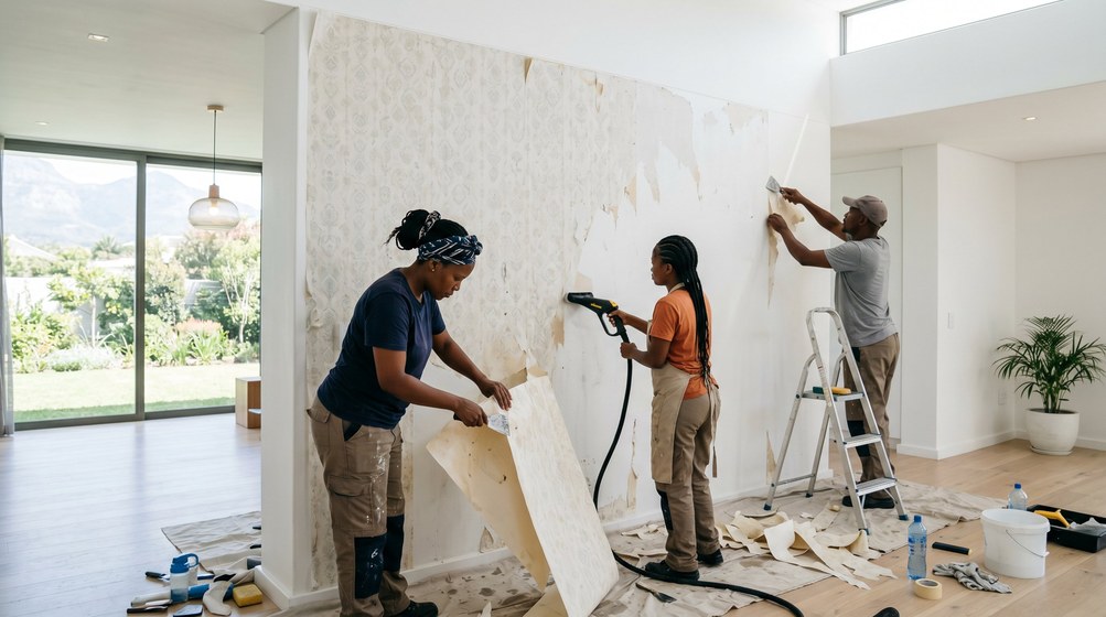 Professional wallpaper removal team stripping old wallpaper in a Goodwood home