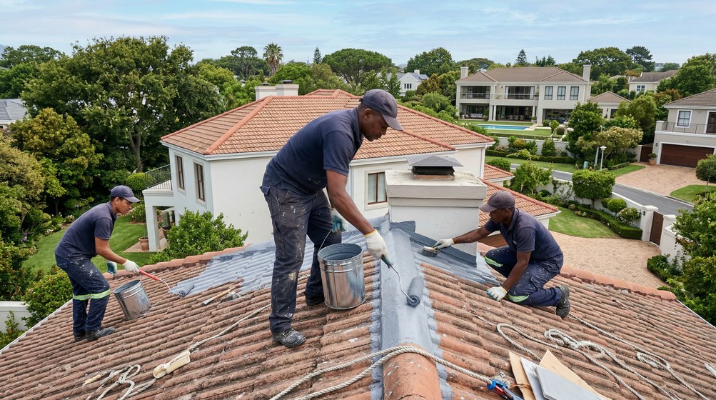 Professional waterproofing team applying membrane to roof in Goodwood