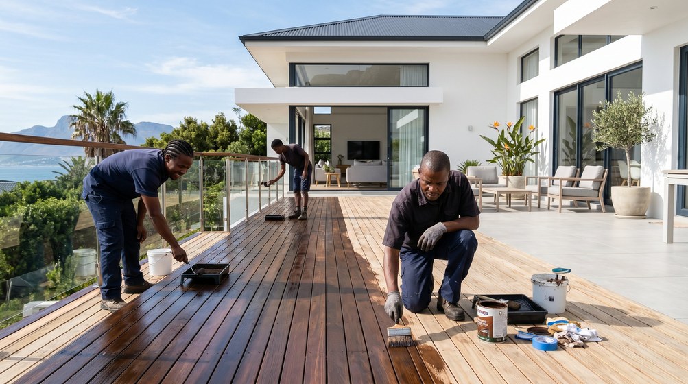 Professional wood staining team applying deck stain overlooking the ocean in Goodwood